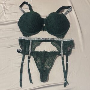 Victoria's Secret Shine Strap Lace Bra, Garter & Thong Set with Rhinestone Trim